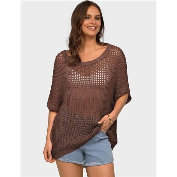 Other - Womens Summer Short Sleeve Crochet Tops Coffee